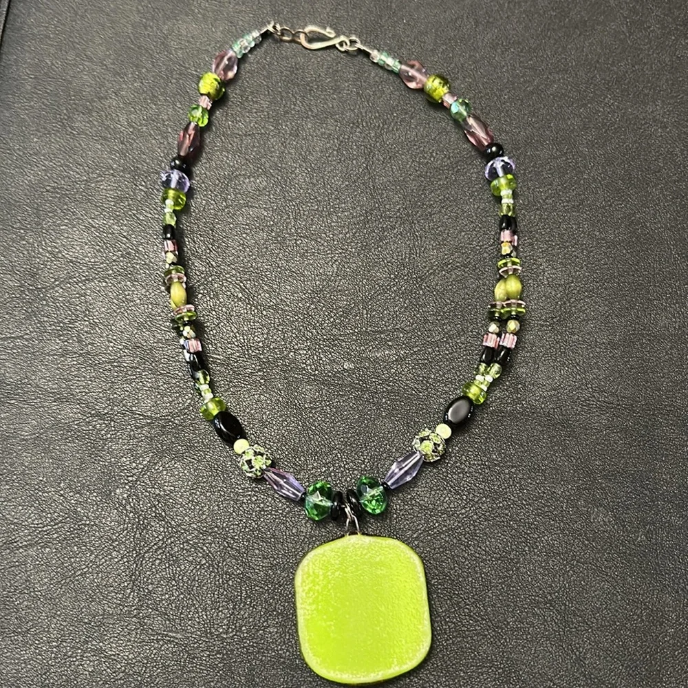 Dichroic Glass Pendant & Glass Beads Shepherd Hook Necklace